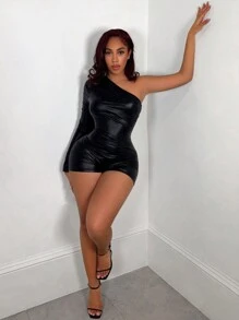 Slaydiva Music Festival Pu One Shoulder Long Sleeve Tight Romper - Black - View 4