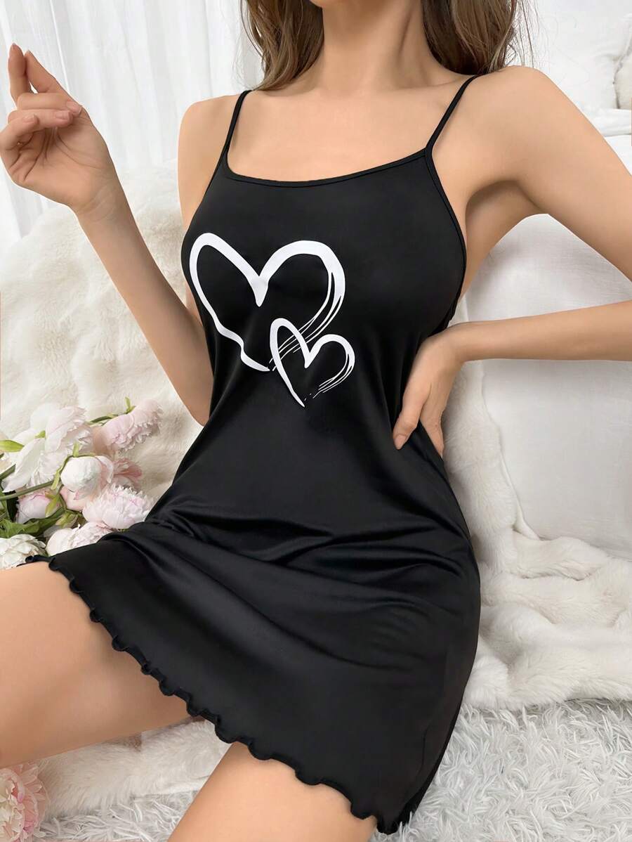 Simple Heart Print Cami Pajama Slip Dress - Black - View 1