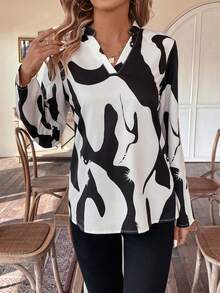 SHEIN Frenchy Women's Random Printed Notch Collar Rolled Sleeve Shirt - Black and White - View 3