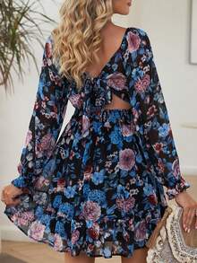 Boho In hoa Cổ vuông Ruffled Xếp li Tay áo dài Đầm - Nhiều màu - Xem 2