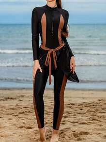 Swim Mulvari Women's Color Block Long Sleeve One Piece Swimsuit - Black - View 4