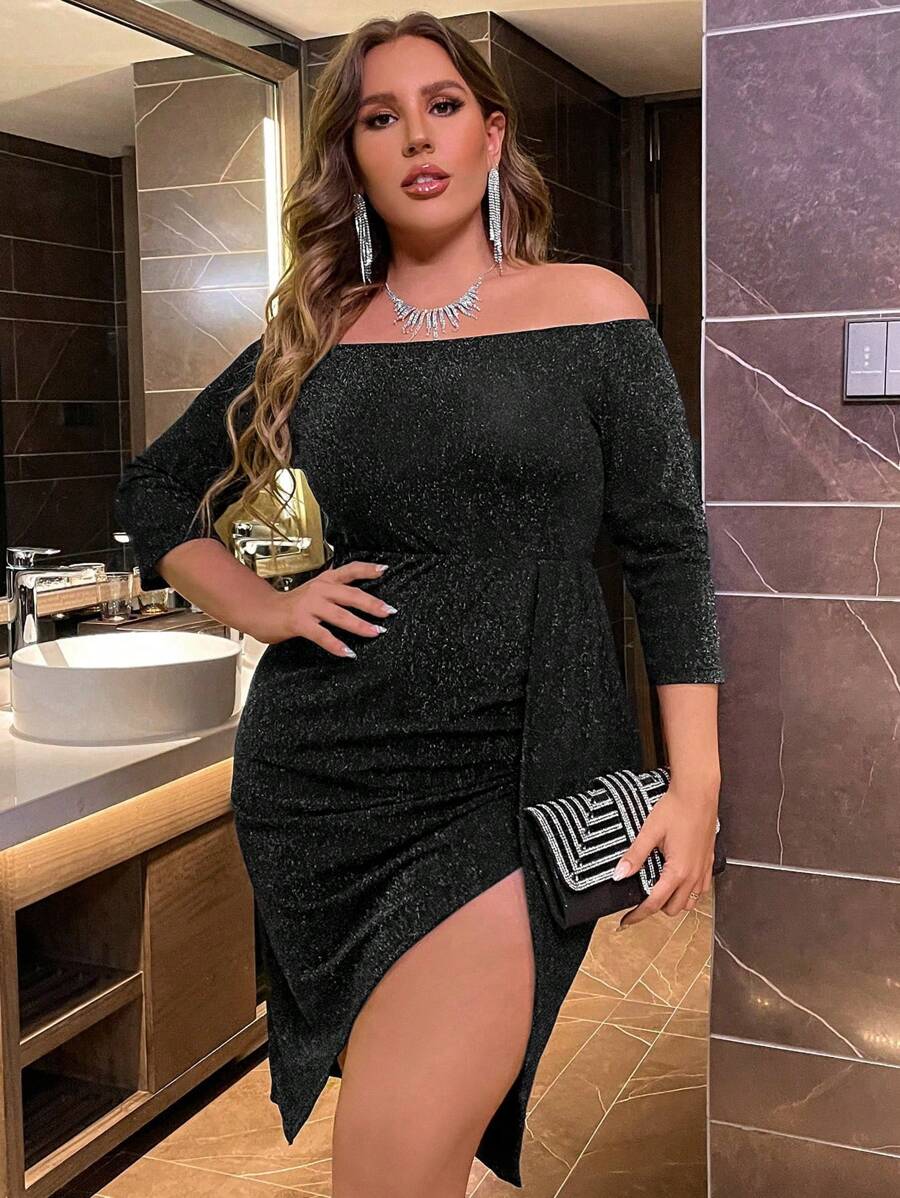 SHEIN Clasi Đầm Plus Size Bất đối xứng Xù Tách cao màu trơn Buổi tiệc - màu đen - Xem 1