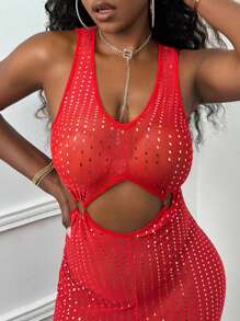 Slaydiva Round Ring Decor Hollow Out Detail Rhinestone Mesh Dress - Red - View 3