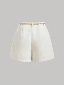 SHEIN MOD 女式優雅雙口袋短褲 - 杏色 - 查看 2