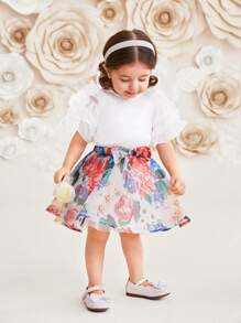 SHEIN Baby Girls' Gorgeous Mesh Ruffle Top And Skirt Set With Floral Print - White - View 5