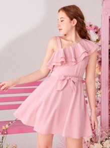 SHEIN Teen Girls' Woven Solid Color Double Layer Ruffle Trim Casual Dress - Pink - View 4