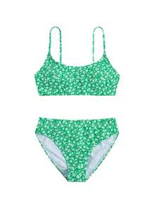 SHEIN Swim Summer Beach Ditsy Floral Print Bikini Set - Green - View 1