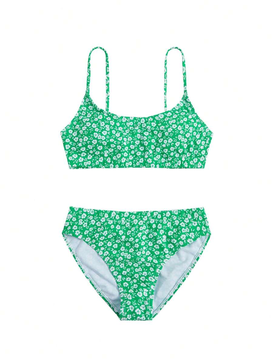 SHEIN Swim Summer Beach Ditsy Floral Print Bikini Set - Green - View 1