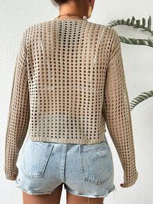 SHEIN VCAY 女士純色針織中空開衫,前面有綁帶 - 駝色 - 查看 2