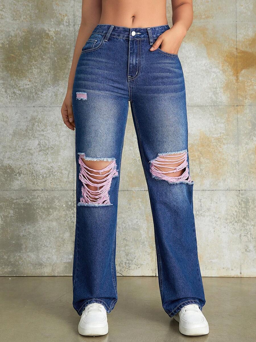 Y2K Street Solid Ripped Slant Pockets Baggy Straight Leg Jeans Daily Casual Denim Pants - Blue - View 1