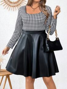 SHEIN Clasi 大尺碼女士拼接千鳥格紋長袖連衣裙 - 黑色 - 查看 5
