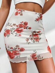 SHEIN Privé Women's Floral Print Mesh Skirt - Black - View 6