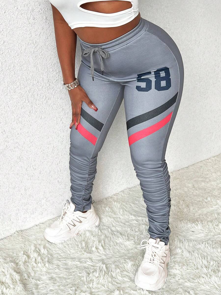 Slaydiva 女性字母印花修身收口褲 - 灰色 - 查看 1