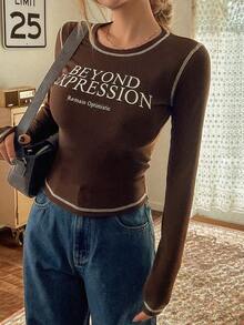 DAZY Của phụ nữ In thư Ống xâu dây Tỉa cành Đồ trang trí Vòng cổ Gầy Tay áo dài Áo thun - Cà phê nâu - Xem 7