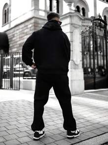 Men Letter Graphic Drop Shoulder Hoodie, Fall, Long Sleeve Top - Black - View 3