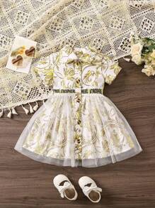 Baby Girls Spring/Summer Gold Foil Printed Mesh Contrast Letter Ribbon Dress - Multicolor - View 1