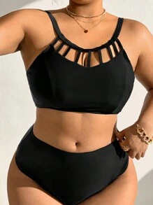 Swim Chiccia Summer Beach Plus Size Solid Color Hollow Out Swimwear Top - Black - View 1