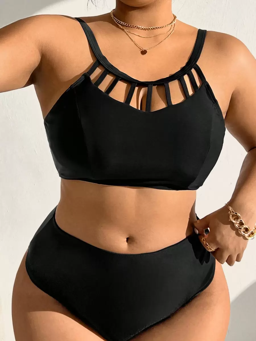 Swim Chiccia Summer Beach Plus Size Solid Color Hollow Out Swimwear Top - Black - View 1