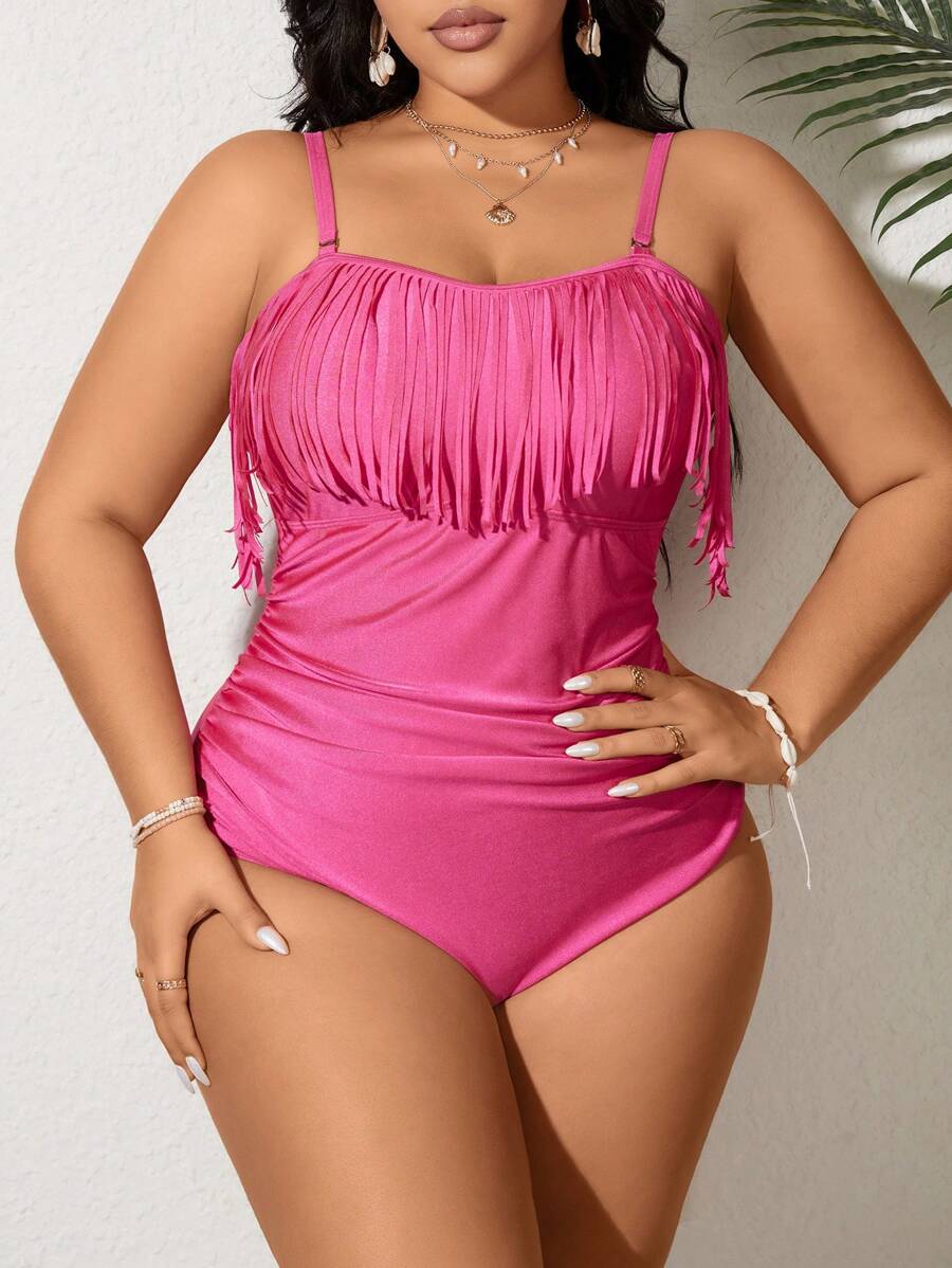 SHEIN Swim Curve 夏季大码纯色流苏连体泳衣 - 軍綠色 - 查看 1