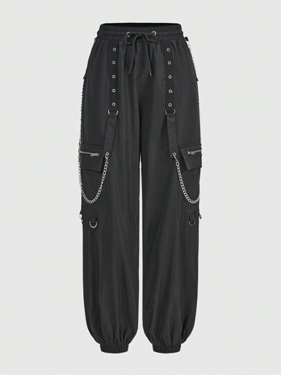 Grunge Punk Pantalon De Jogging Décontracté Pour Femme, Décoration De Chaîne Fraîche Et Punk Rock En Métal, Avec Poignets Élastiques