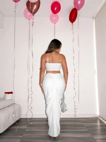 SHEIN SXY Valentine's Day V-Neck Low Waist Pleated Cocoon Style Skirt - White - View 2