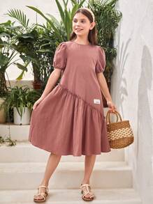 SHEIN Leap Crew 適用於青少年少女的蓬蓬袖編織假日裙