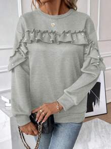 SHEIN LUNE Sudadera Con Cuello Redondo, Dobladillo Con Volantes Y Adornos De Perlas - Gris Claro - Ver 6