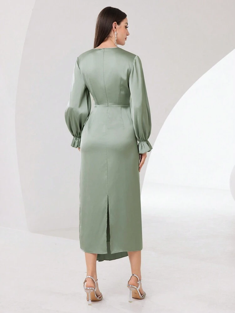 Women'S V-Neck Pleated Hemline Long Sleeve Dress Long Evening Dresses