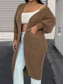 SHEIN LUNE Plus Dual Pocket Drop Shoulder Duster Cardigan, For Winter - Camel - View 5