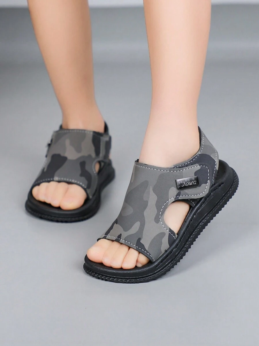 新款兒童春夏款休閒運動魔鬼氈涼鞋，時尚開趾迷彩沙灘鞋 - 灰色 - 查看 1
