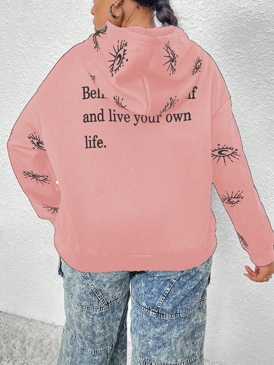 Flirla Plus Size Women's Hoodie With Slogan Print, Fall Pullover - Pink - View 1