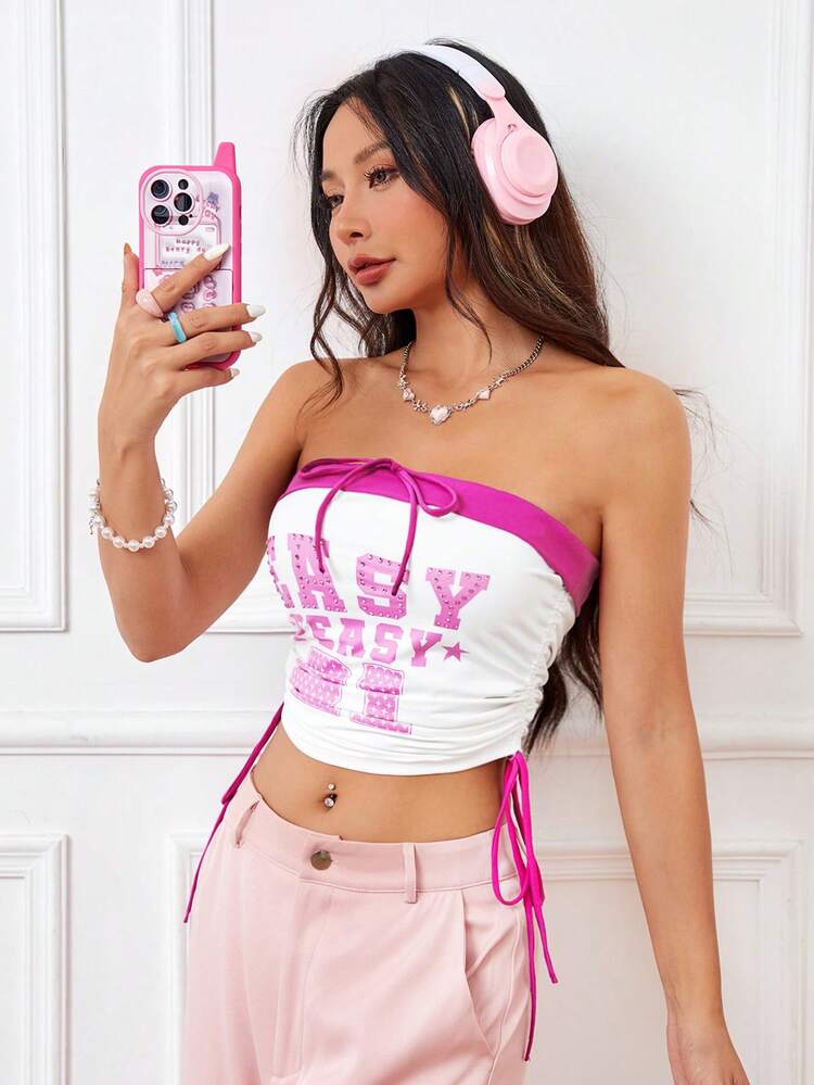 Women'S Color Block Letter Print Rhinestone Decor Strapless Top With Side Drawstring