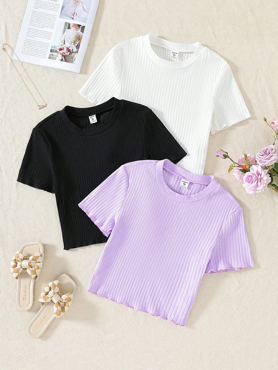 SHEIN 3 Pieces Teenage Girls Round Neck Short Sleeve T-Shirts, Multi-Color Combination, Simple & Elegant, Comfortable & Breathable, Classic Round Neck Design, Versatile Style - Multicolor - View 1
