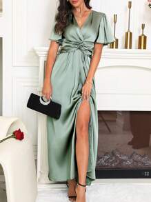 SHEIN Clasi Women's High Slit Pleated Waist Asymmetrical Hem Dress