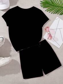 SHEIN 青少年女孩圖案短袖t恤和短褲套裝 - 黑色 - 查看 2