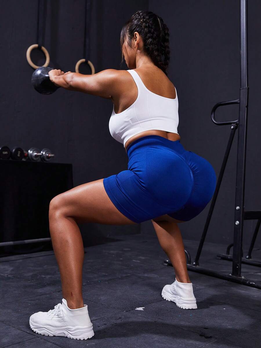 Yoga Futuristic Plus Size Solid Color Athletic Shorts - Navy Blue - View 1