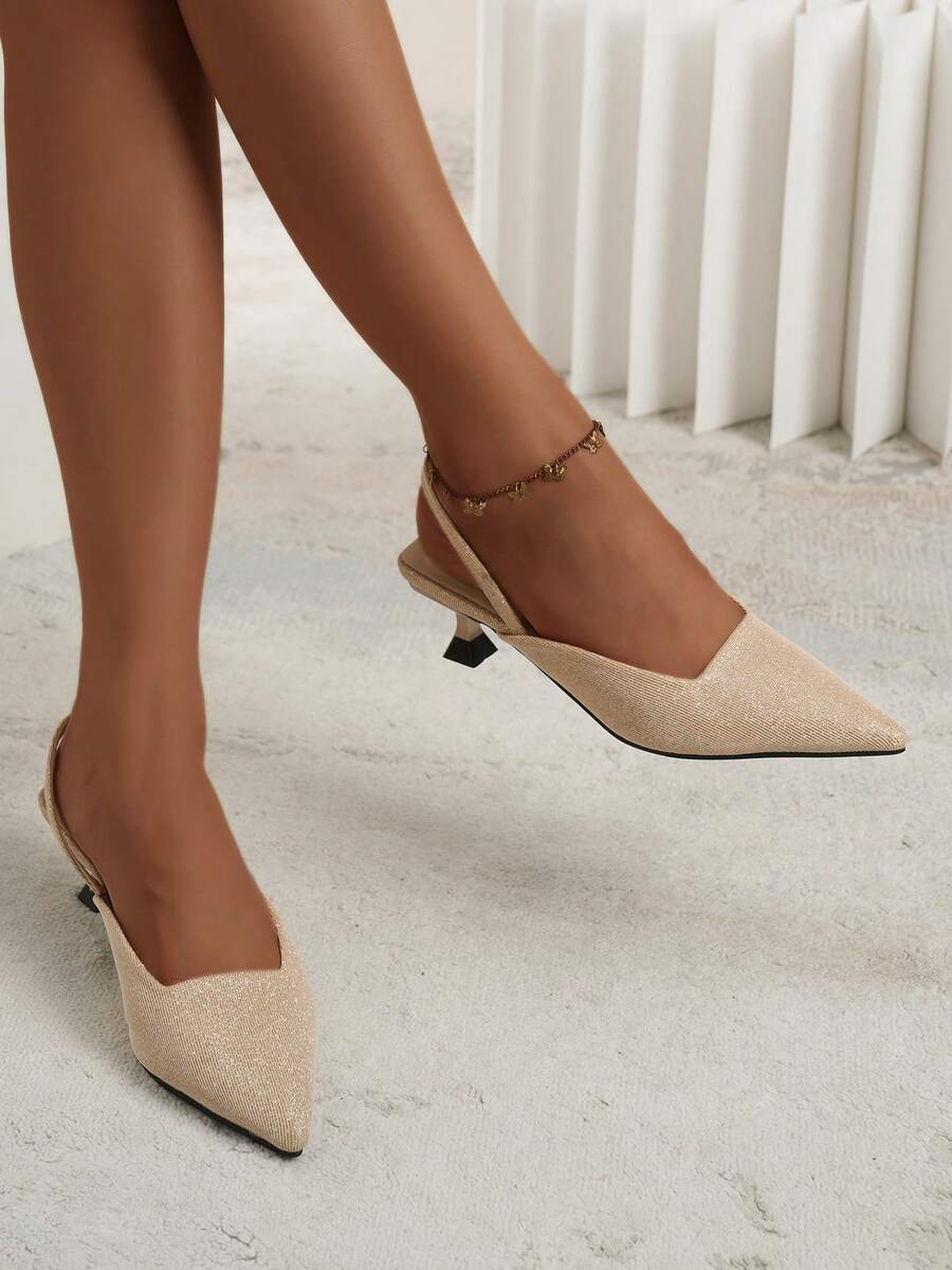 女款尖頭後帶半穿孔高跟涼鞋,時尚百搭 - 香檳色 - 查看 1