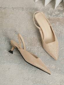 女款尖頭後帶半穿孔高跟涼鞋,時尚百搭 - 香檳色 - 查看 3