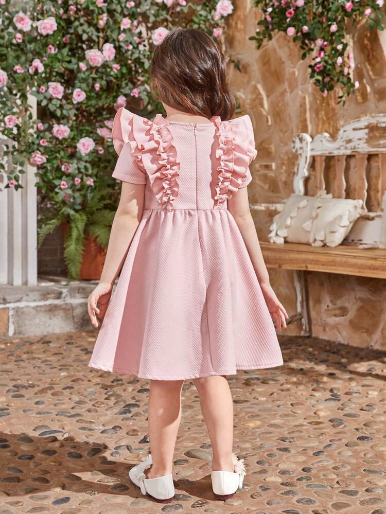 Young Girl Round Neck Short Sleeve Triple Ruffle Hem Floral Jacquard Dress