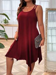 SHEIN LUNE Plus Size Asymmetric Hem Sleeveless Dress With Double Shoulder Straps, Burgundy Color Women Outfit - Burgundy - View 5