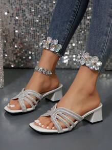 White Square Toe Thin Heeled Sandals For Women, Fashionable French Style Crystal Embellished High Heeled Shoes, Summer & Fall Valentines