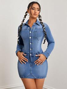 SHEIN ICON Long Sleeve Washed Denim Bodycon Dress