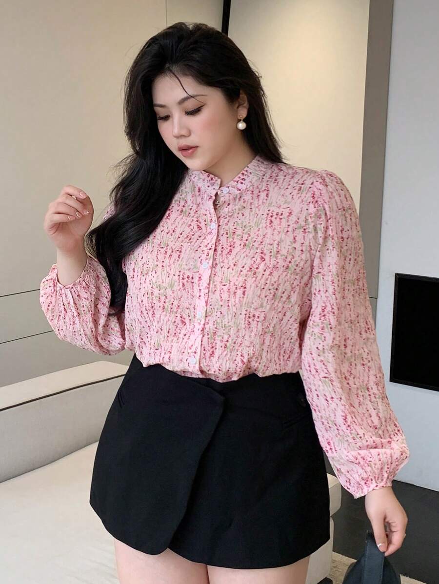 Dazy Petite Plus 大码女式植物印花长袖衬衫上衣 - 粉色 - 查看 1
