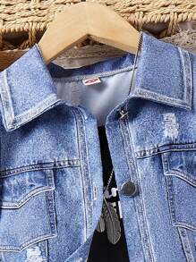 SHEIN Young Girl Spring/Fall Everyday Denim Effect Jacket And Casual Simple Sleeveless Jumpsuit Set - Black - View 8