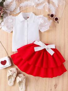 SHEIN Elladie kids Conjunto De Top Con Mangas De Malla De Flores Dulces Y Simples Y Falda Completa Con Vintage Para Niñas Pequeñas - Blanco - Ver 6