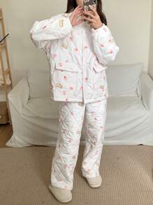 DAZY Conjunto de pijama grueso con estampado de dulces por todas partes para otoño e invierno - Blanco - Ver 1