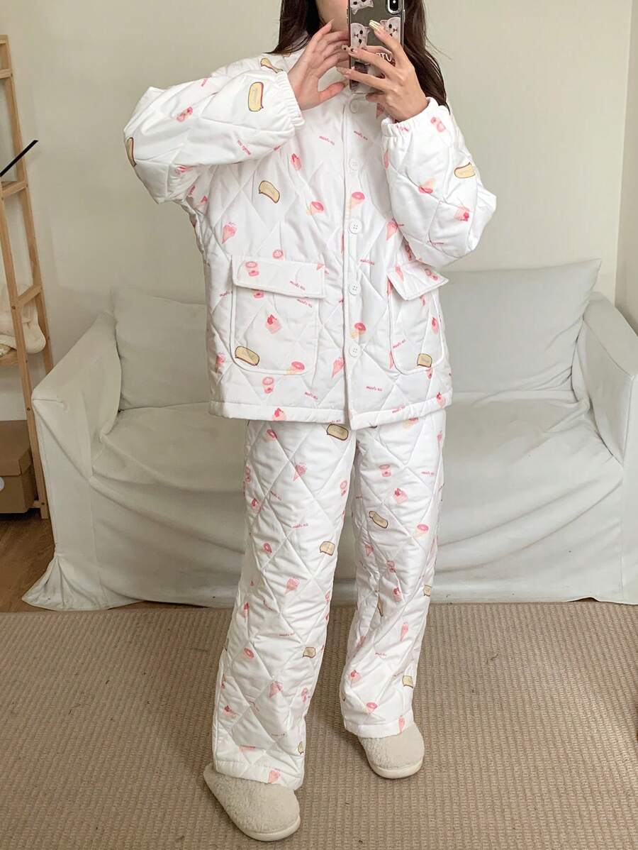DAZY Conjunto de pijama grueso con estampado de dulces por todas partes para otoño e invierno - Blanco - Ver 1