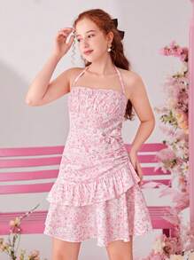 SHEIN Girlism Teen Girls' Woven Floral Print Ruffle Trim Casual Spaghetti Strap Dress - Pink - View 3