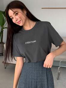 DAZY 女士字母印花圓領短袖t卹 - 深灰色 - 查看 4