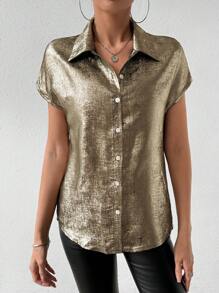 SHEIN Privé Women's Glossy Batwing Sleeve Shirt - Gold - View 5